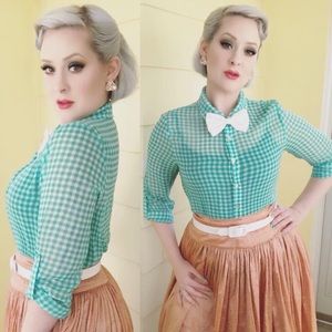 Teal & White Semi Sheer Gingham Button Up Shirt